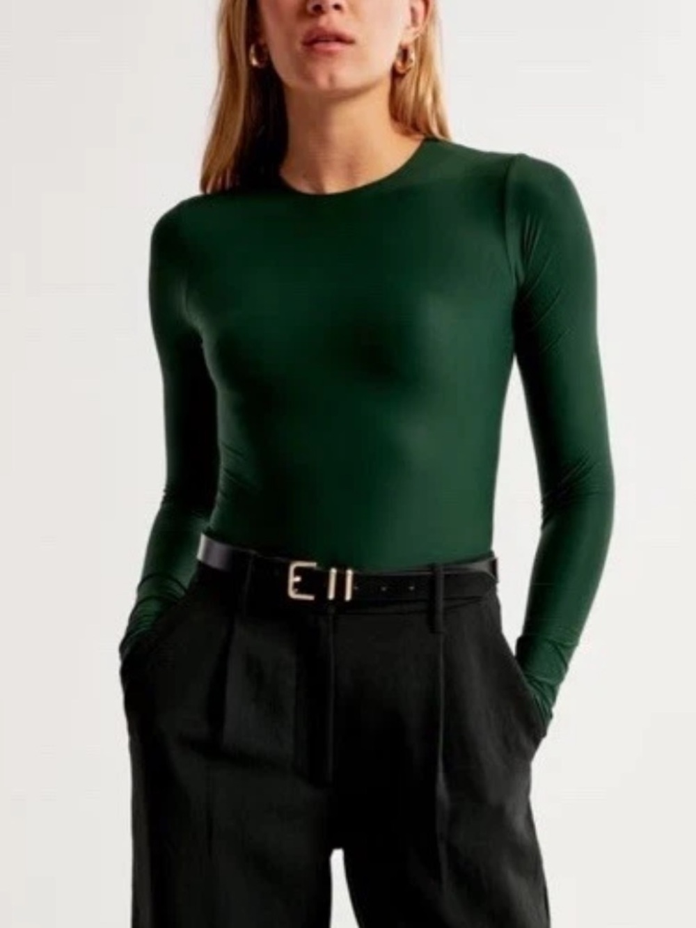 Abercrombie & Fitch Bodysuit Sz Large Stretch Round Neck Dark Green Long Sleeve